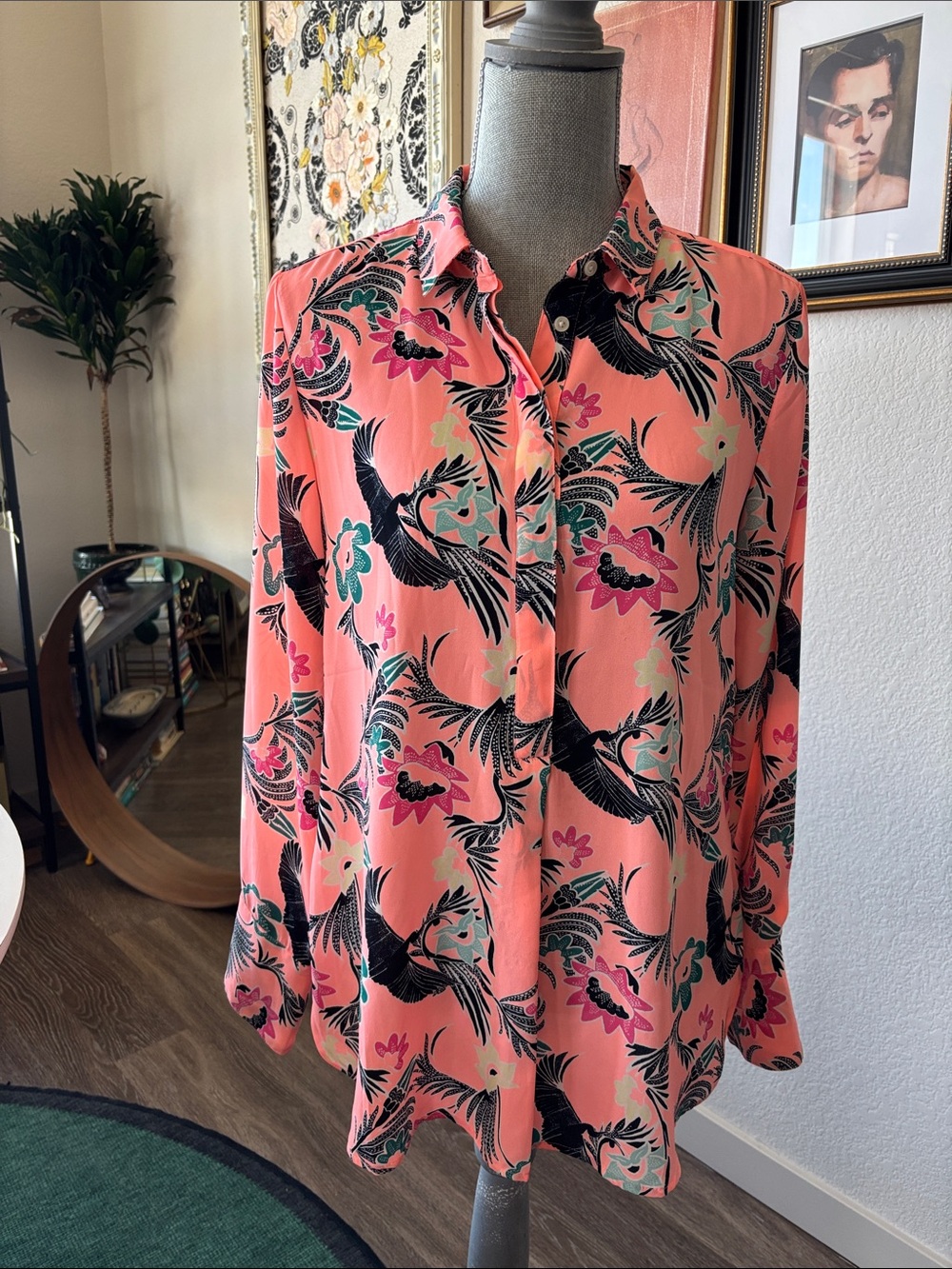 Banana Republic Coral Floral & Crane Print Button Down Shirt